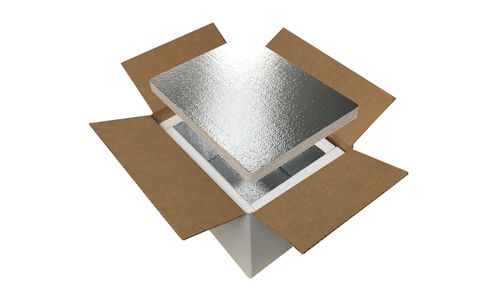 Box liners made of EPS foam insulation, laminated with a metalized reflective facer, arranged in a box to make a shipping cooler