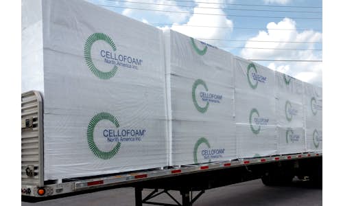 Large Flat sheets of EPS Foam insulation shown in bags with Cellofoam logo on flatbed truck